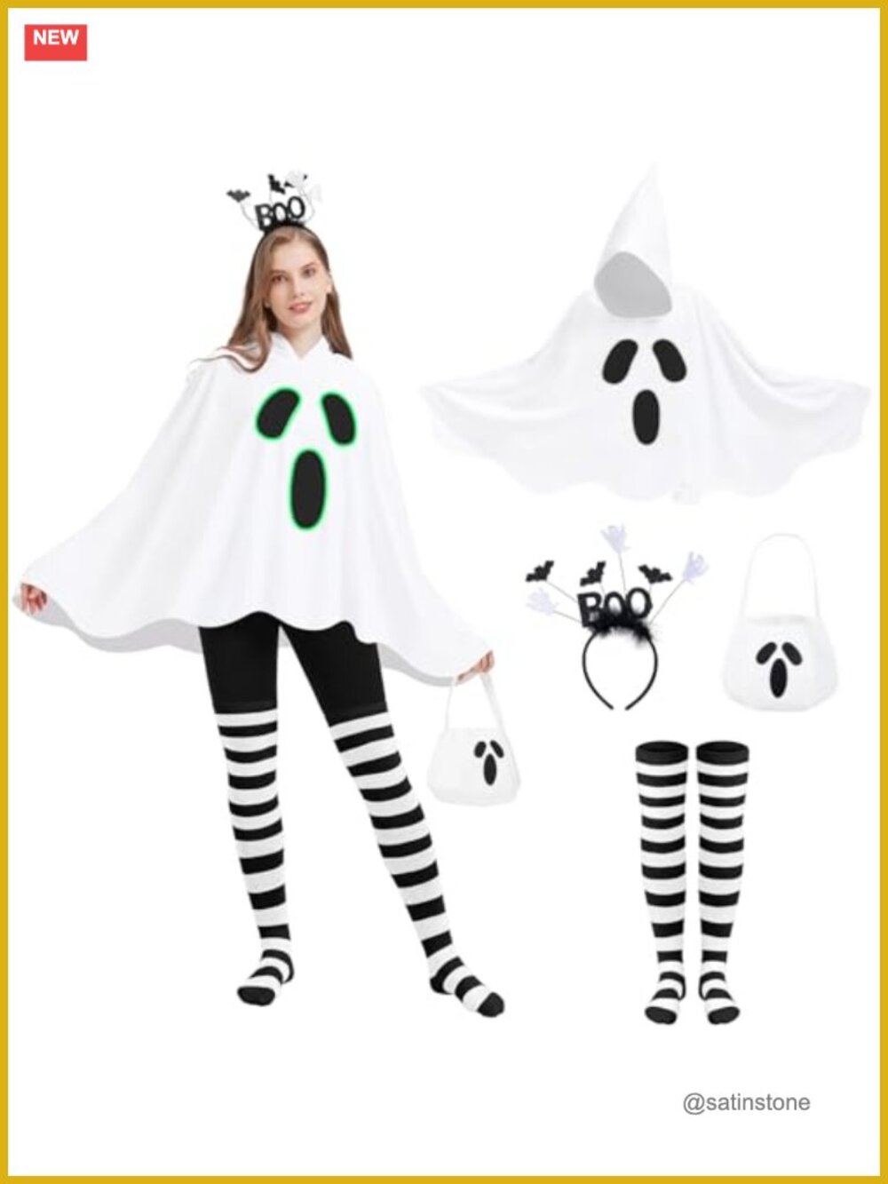 4 Pc Ghost Poncho Costume Set Glow in Dark Hooded Halloween Cosplay